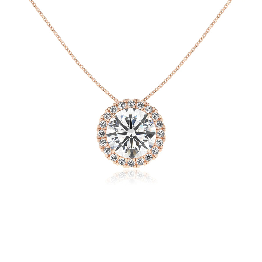 lab grown moissanite round solitaire necklaces in rose gold 