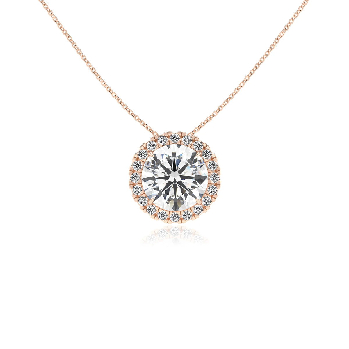 lab grown moissanite round solitaire necklaces in rose gold 