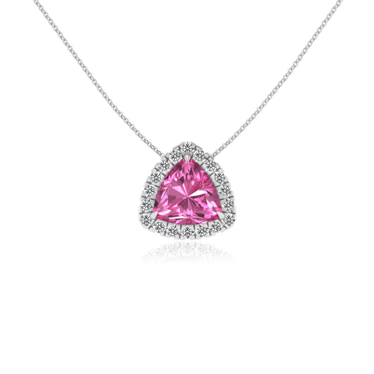 lab grown pink sapphire trillion solitaire necklaces in platinum 