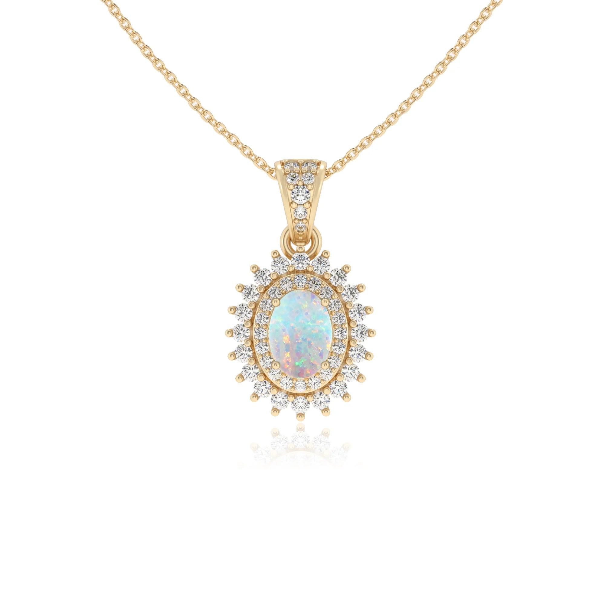 lab grown opal oval halo necklaces in yellow gold 