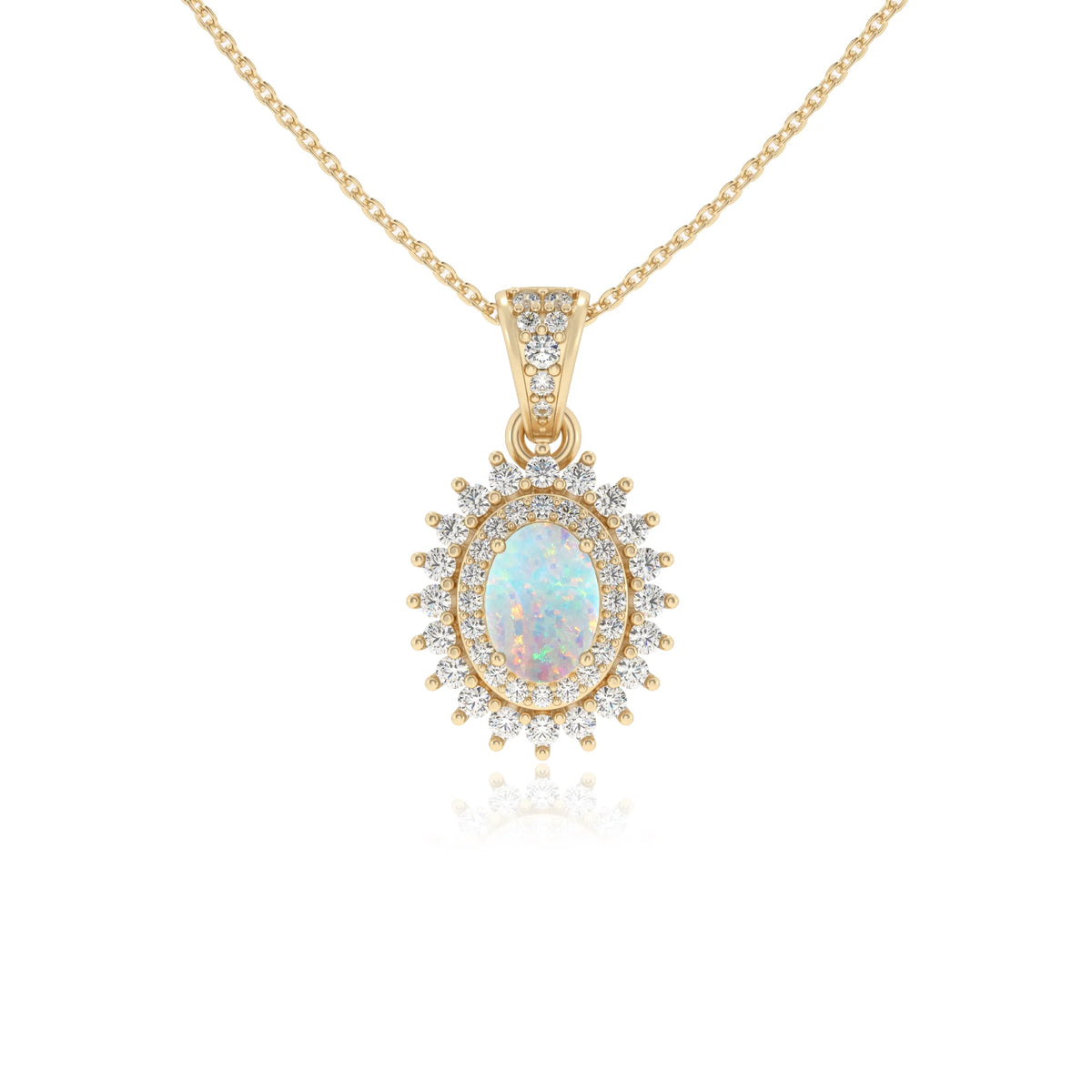lab grown opal oval halo necklaces in yellow gold 