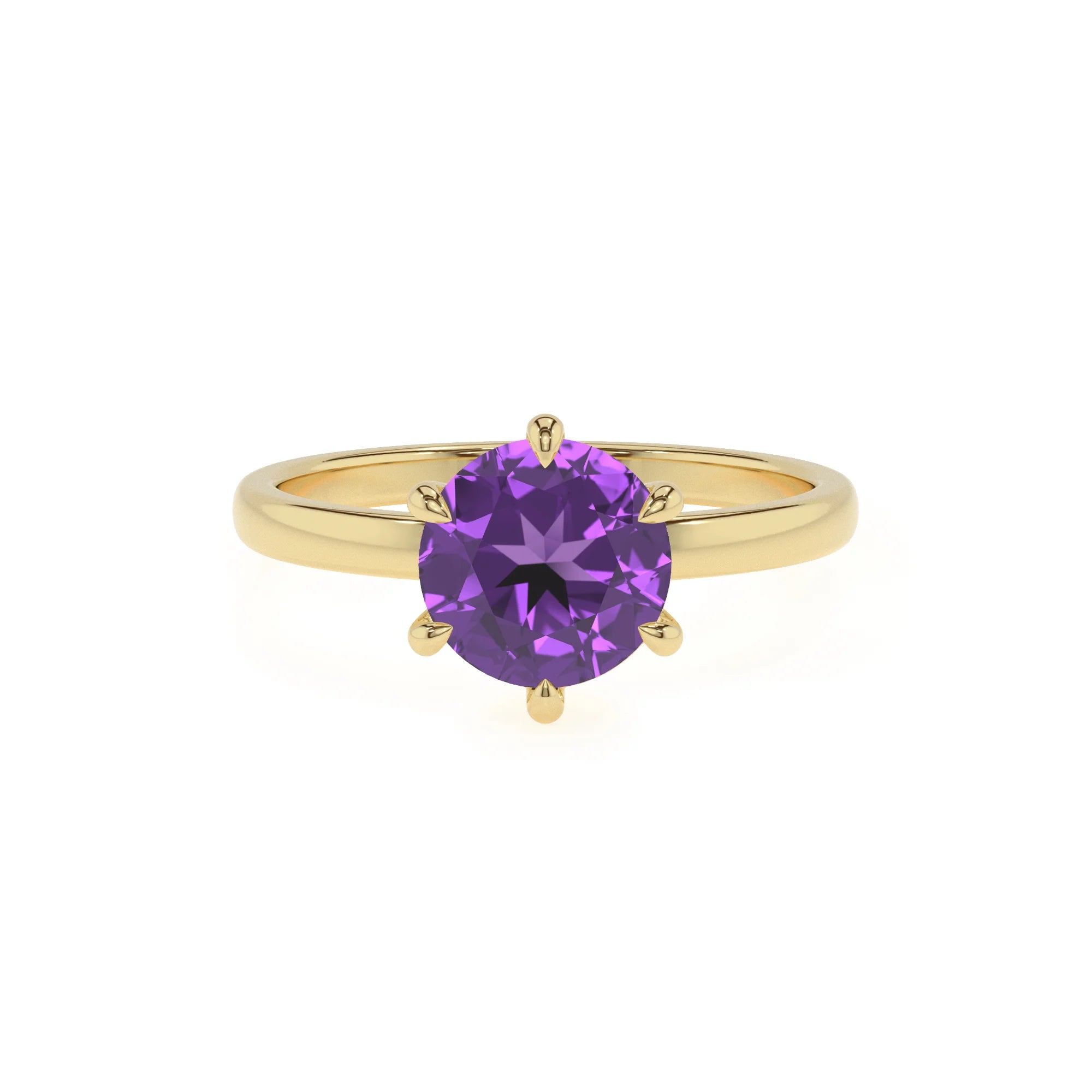 lab grown amethyst round solitaire rings in yellow gold 