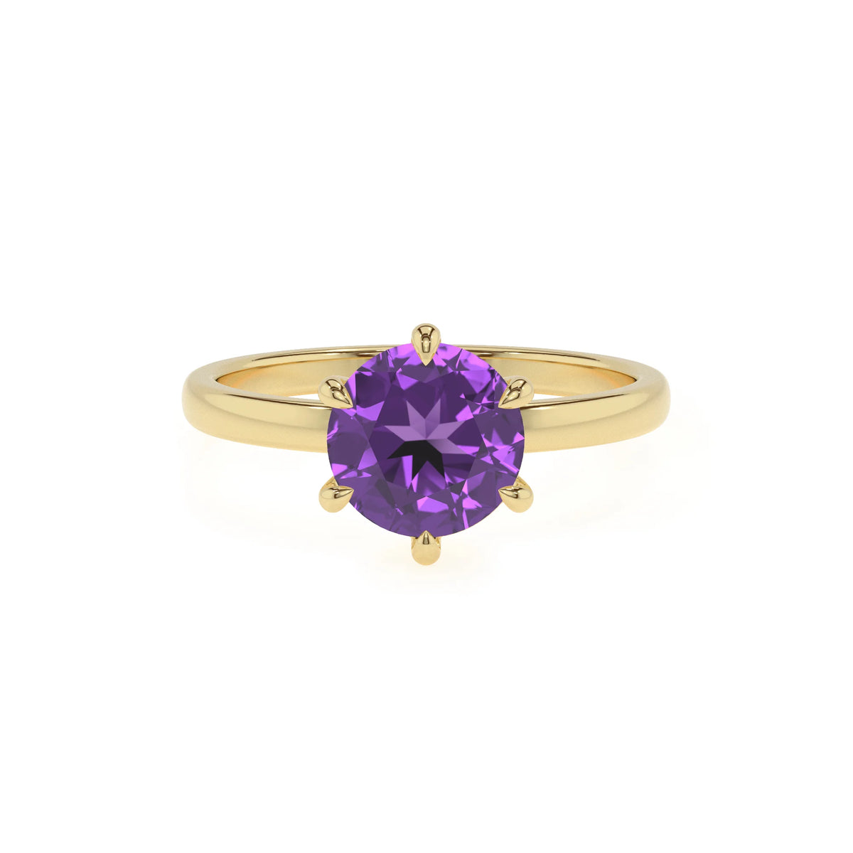 lab grown amethyst round solitaire rings in yellow gold 