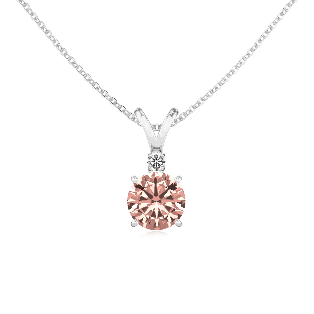 lab grown morganite round solitaire v-bale necklaces in sterling silver 