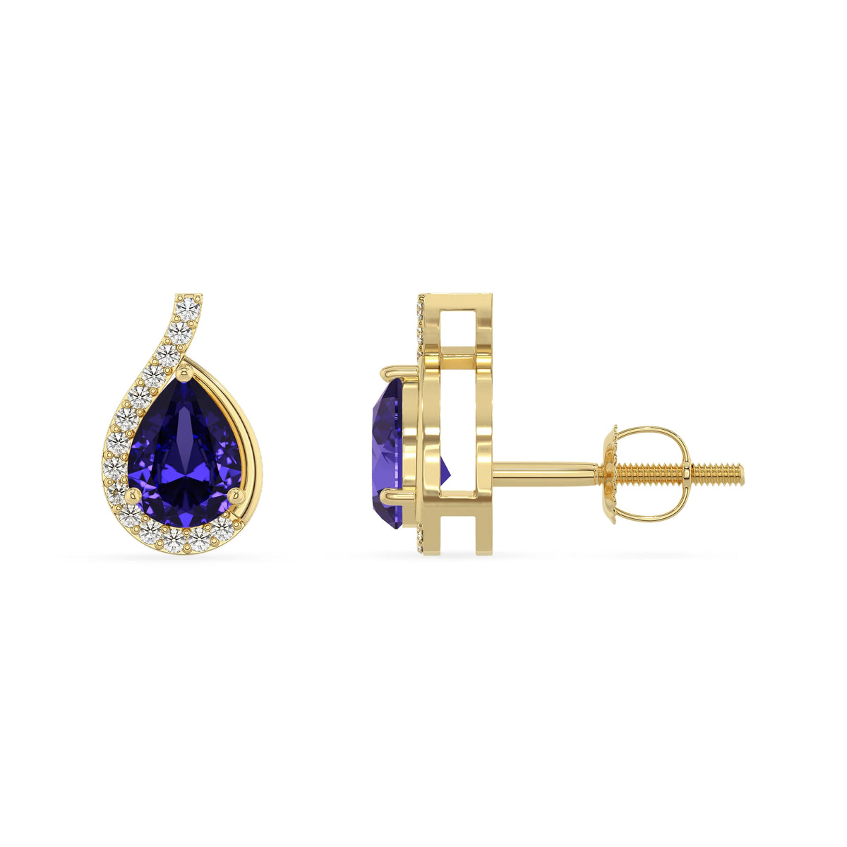lab grown tanzanite pear stud earrings in yellow gold 
