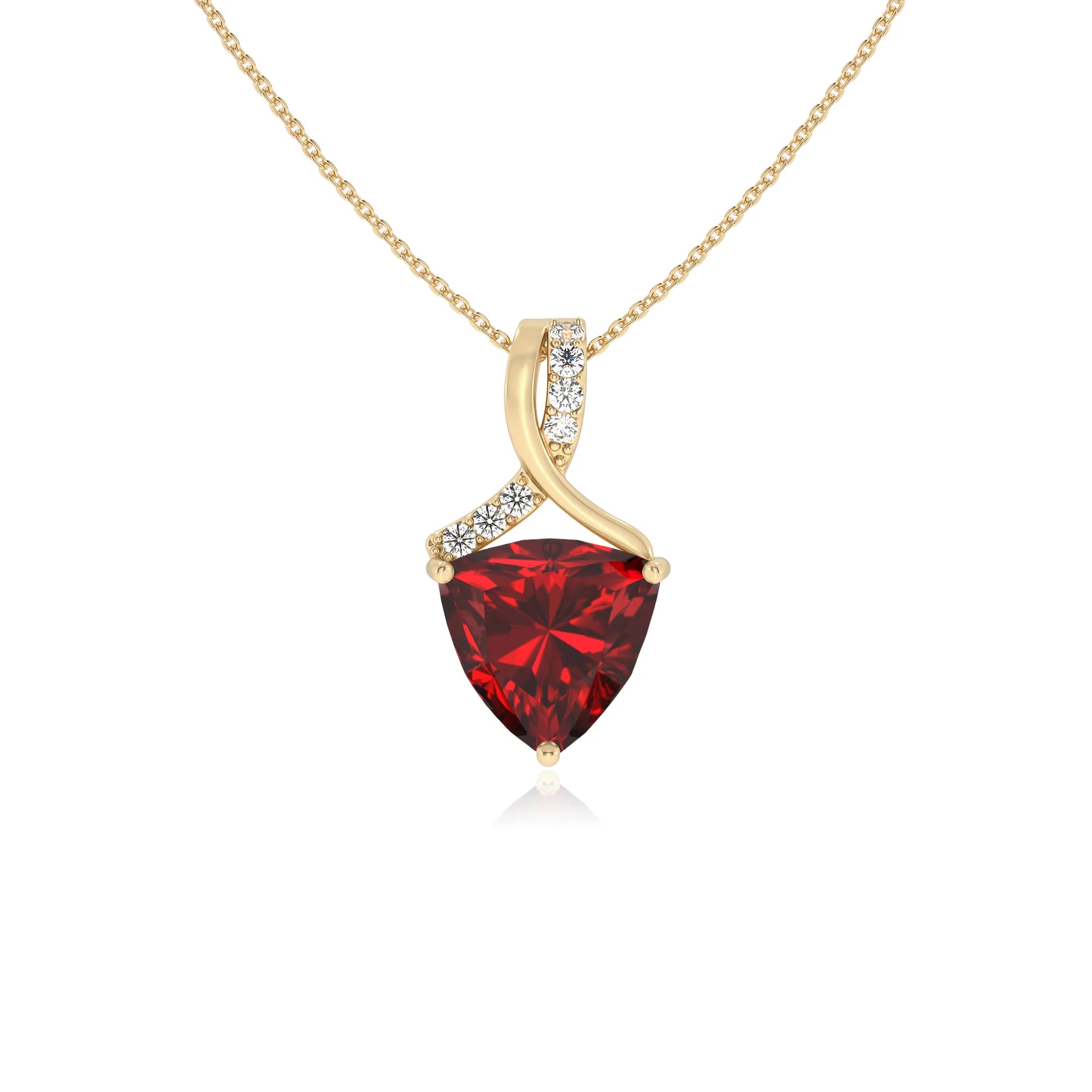 lab grown ruby trillion solitaire necklaces in yellow gold 