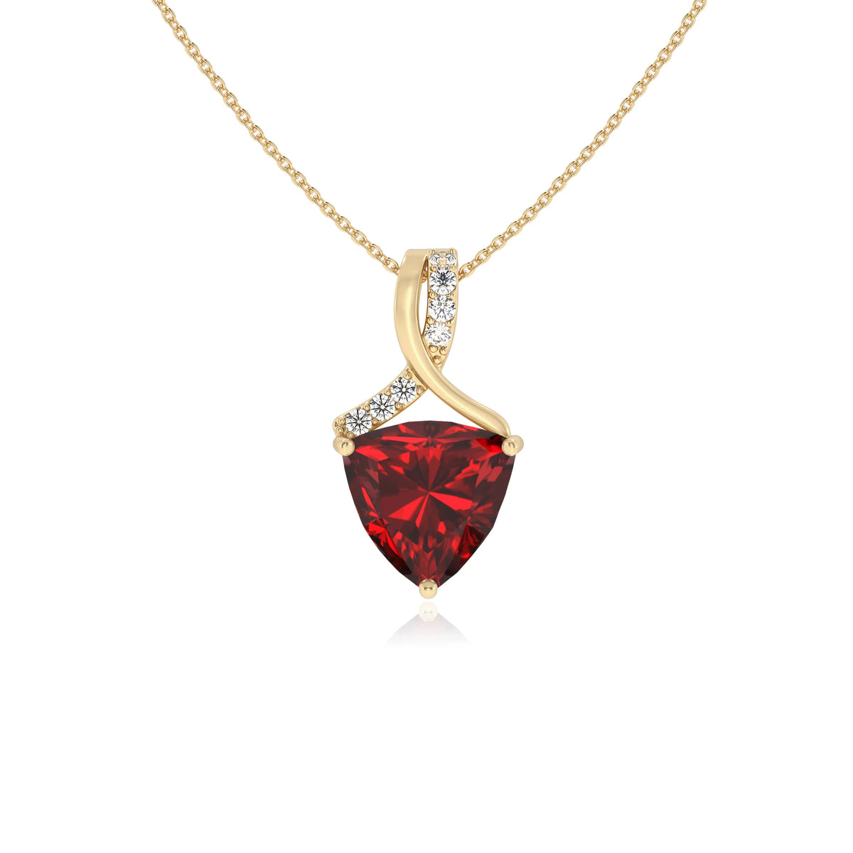 lab grown ruby trillion solitaire necklaces in yellow gold 