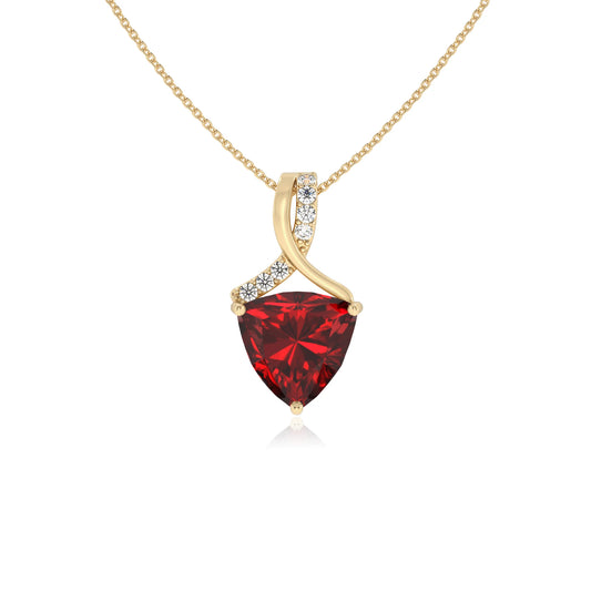 lab grown ruby trillion solitaire necklaces in yellow gold 