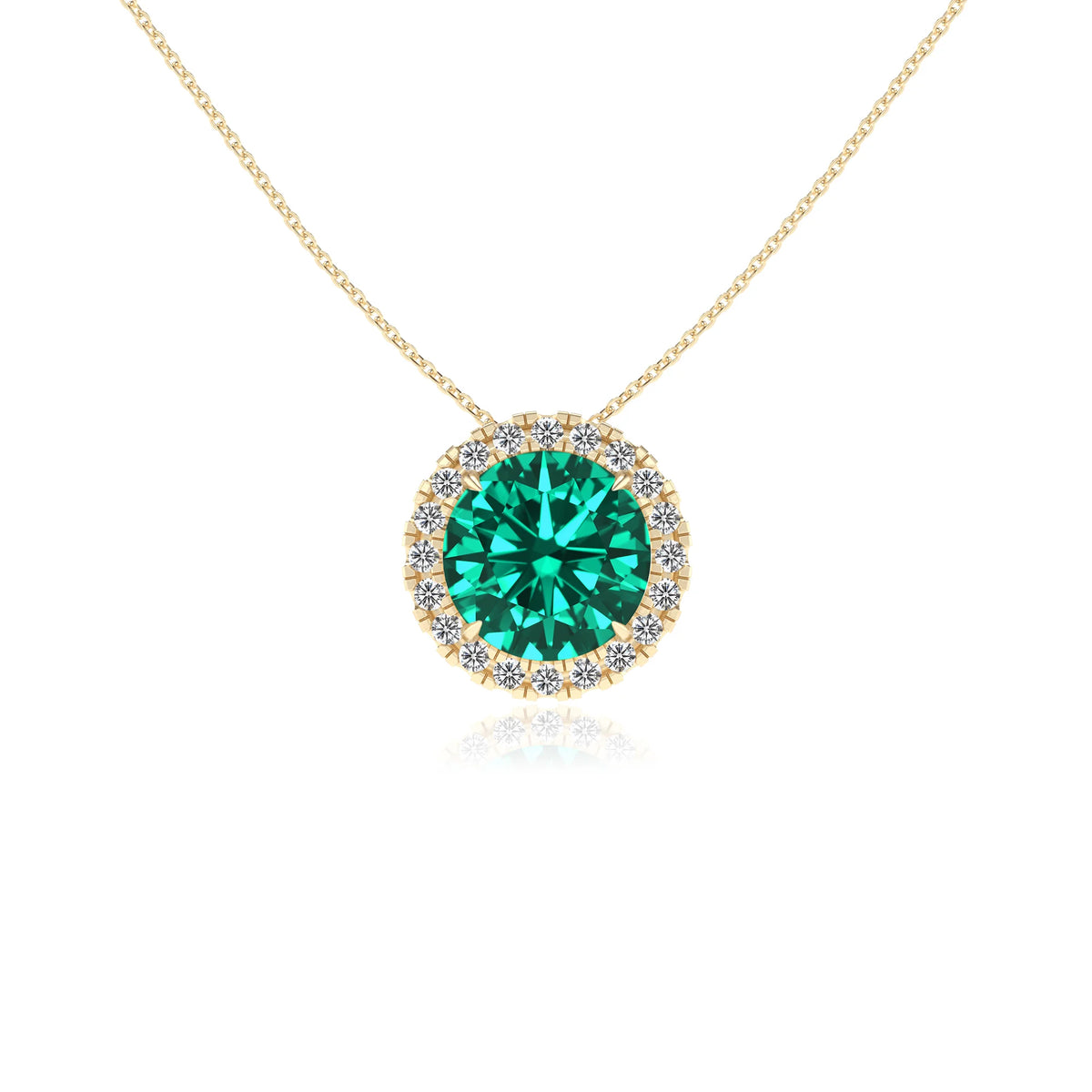lab grown emerald round solitaire necklaces in yellow gold 
