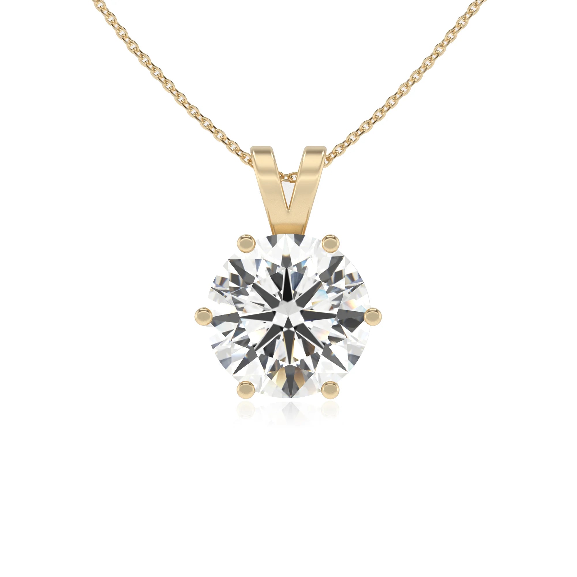 lab grown moissanite round solitaire v-bale necklaces in yellow gold 