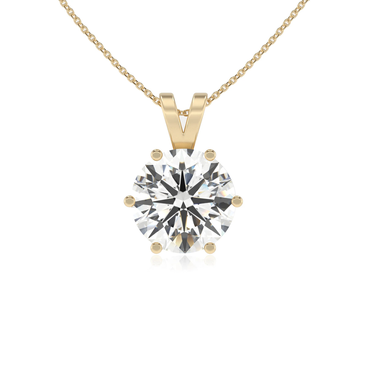 lab grown moissanite round solitaire v-bale necklaces in yellow gold 
