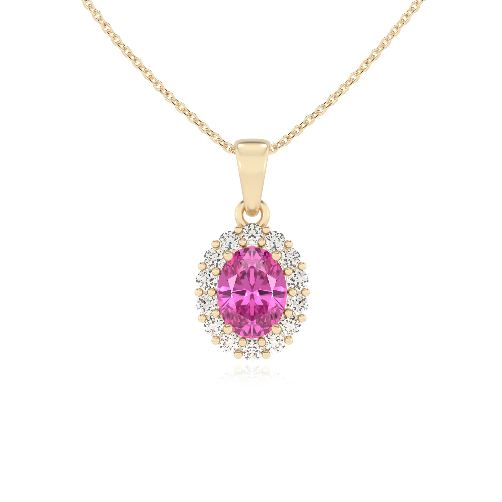 lab grown pink-sapphire oval solitaire necklaces in yellow gold 