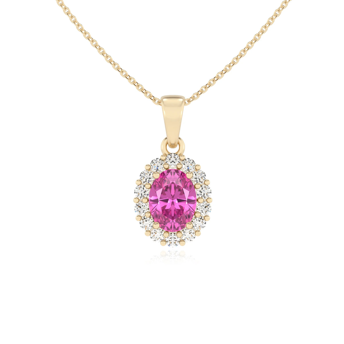 lab grown pink-sapphire oval solitaire necklaces in yellow gold 