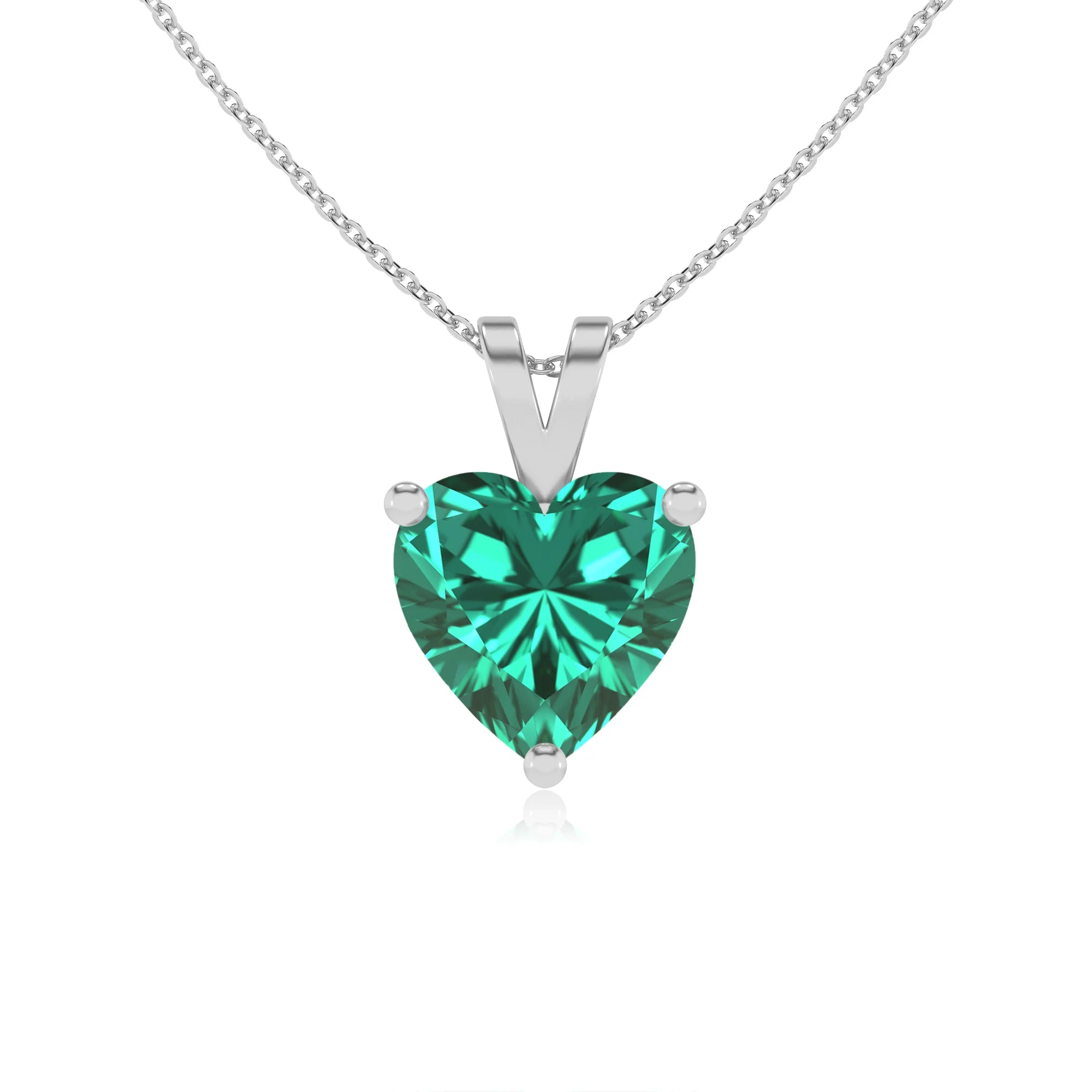 lab grown emerald heart solitaire v-bale necklaces in white gold 
