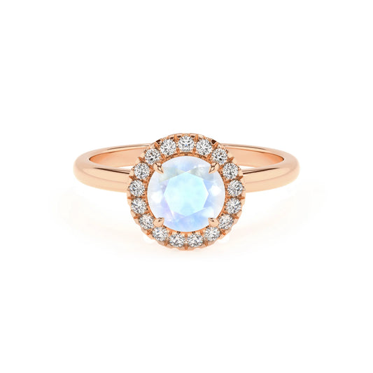 natural rainbow-moonstone round solitaire rings in rose gold 
