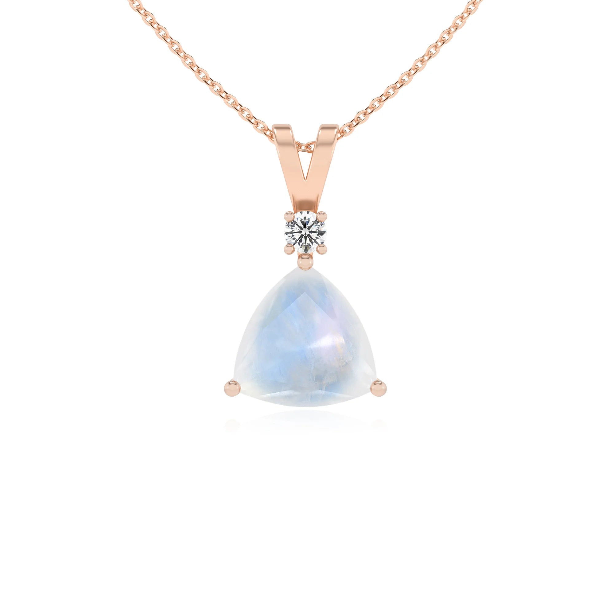 natural rainbow-moonstone trillion solitaire v-bale necklaces in rose gold 