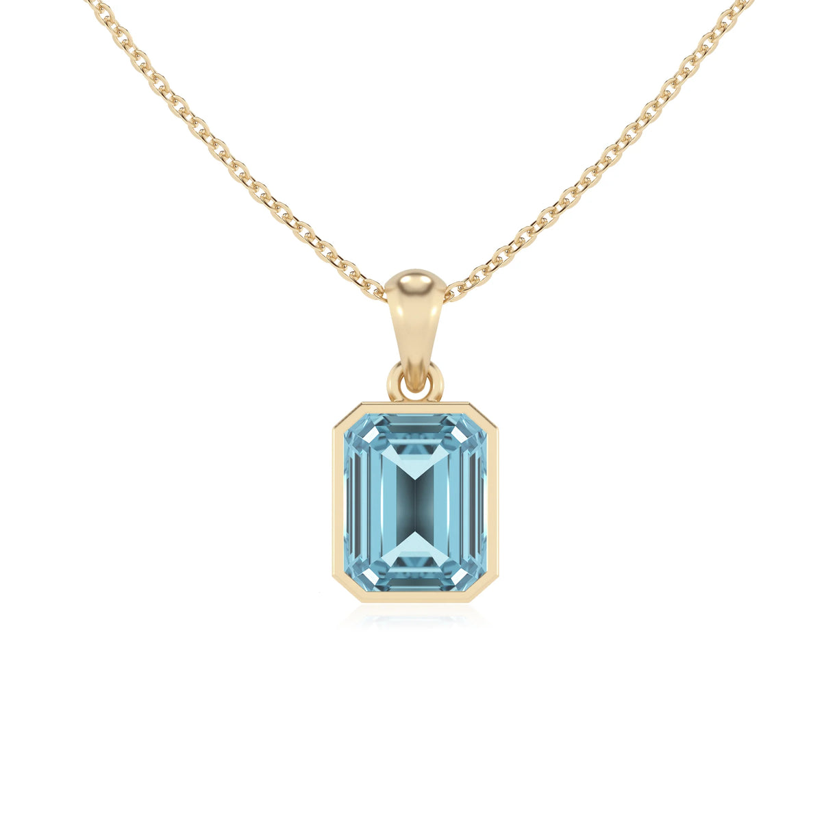 lab grown aquamarine emerald cut solitaire necklaces in yellow gold 