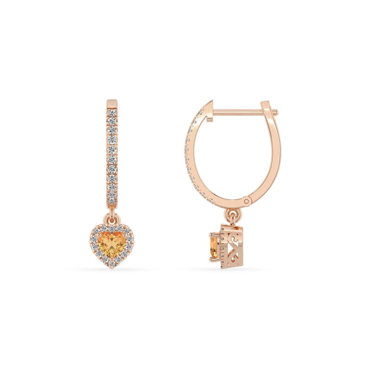 lab grown citrine heart drop earrings in rose gold 