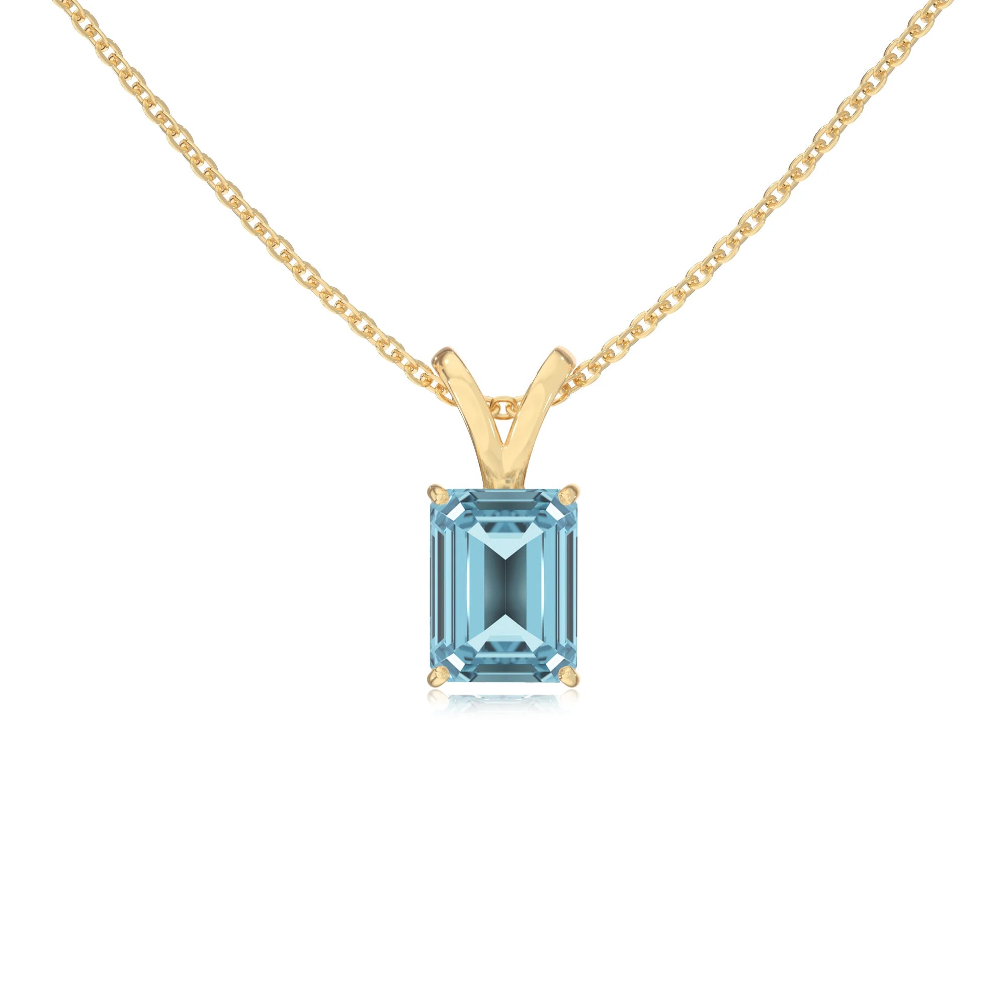 lab grown aquamarine emerald cut solitaire v-bale necklaces in yellow gold 