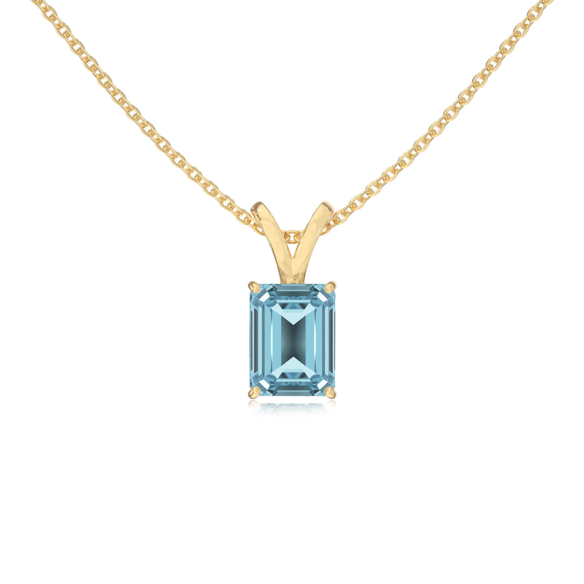 lab grown aquamarine emerald cut solitaire v-bale necklaces in yellow gold 