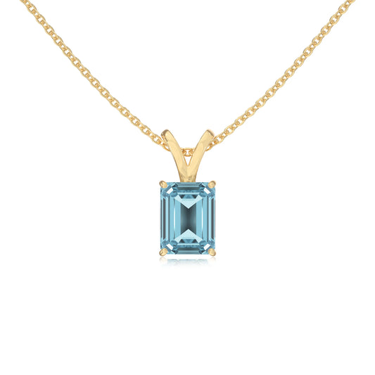 lab grown aquamarine emerald cut solitaire v-bale necklaces in yellow gold 