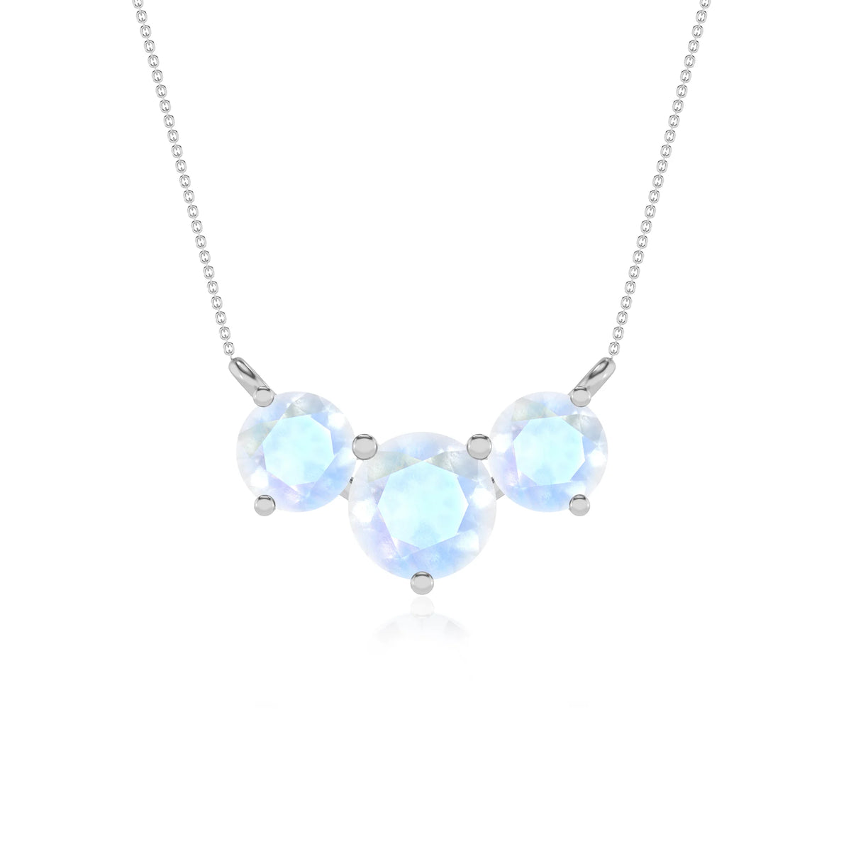 natural rainbow-moonstone round solitaire v-bale necklaces in platinum 