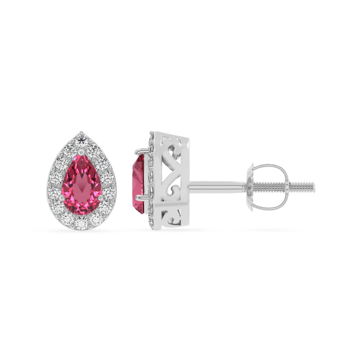 lab grown pink tourmaline pear stud earrings in platinum 