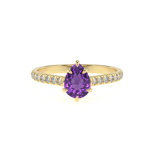 lab grown amethyst pear half eternity solitaire engagement rings in yellow gold 
