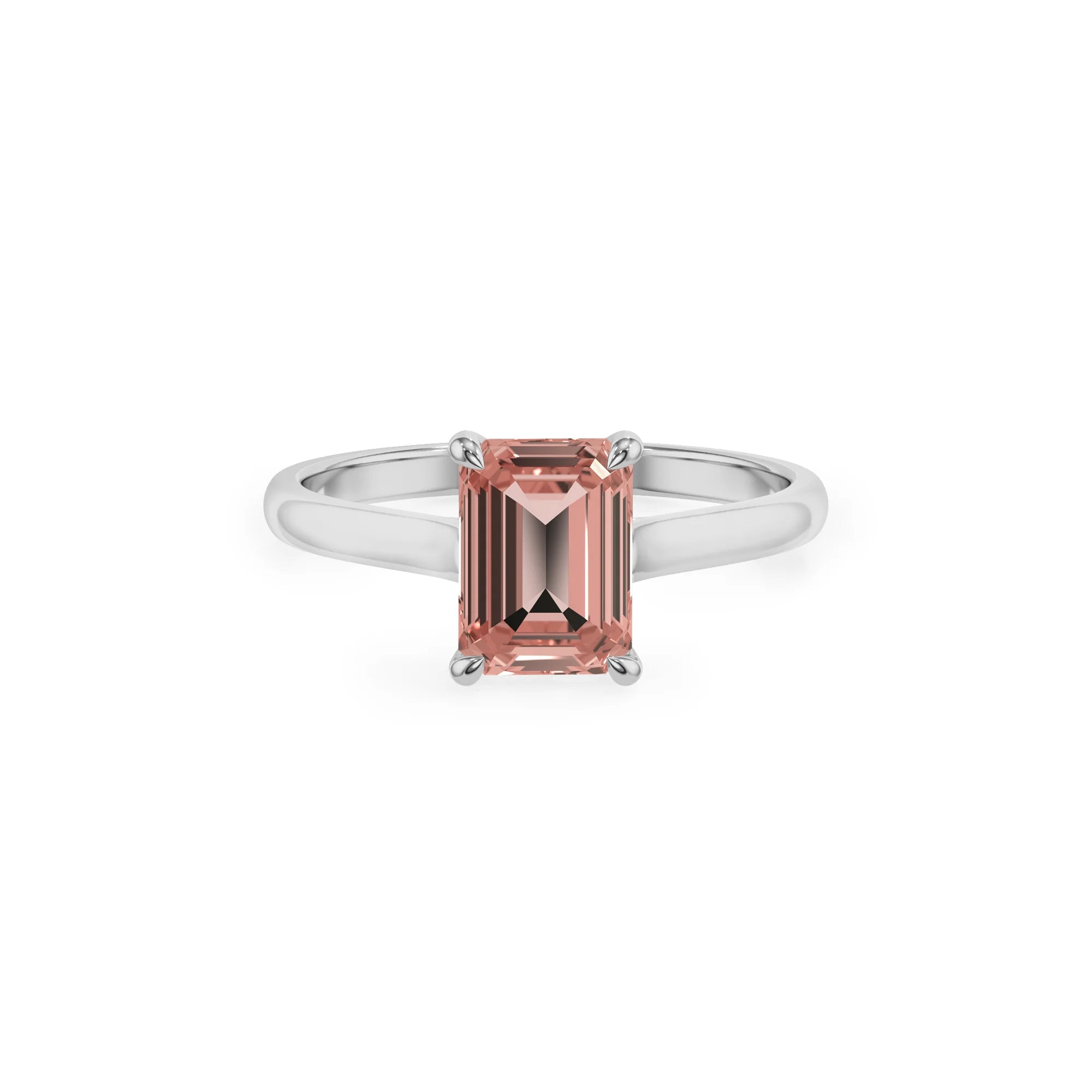 lab grown morganite emerald cut solitaire rings in white gold 