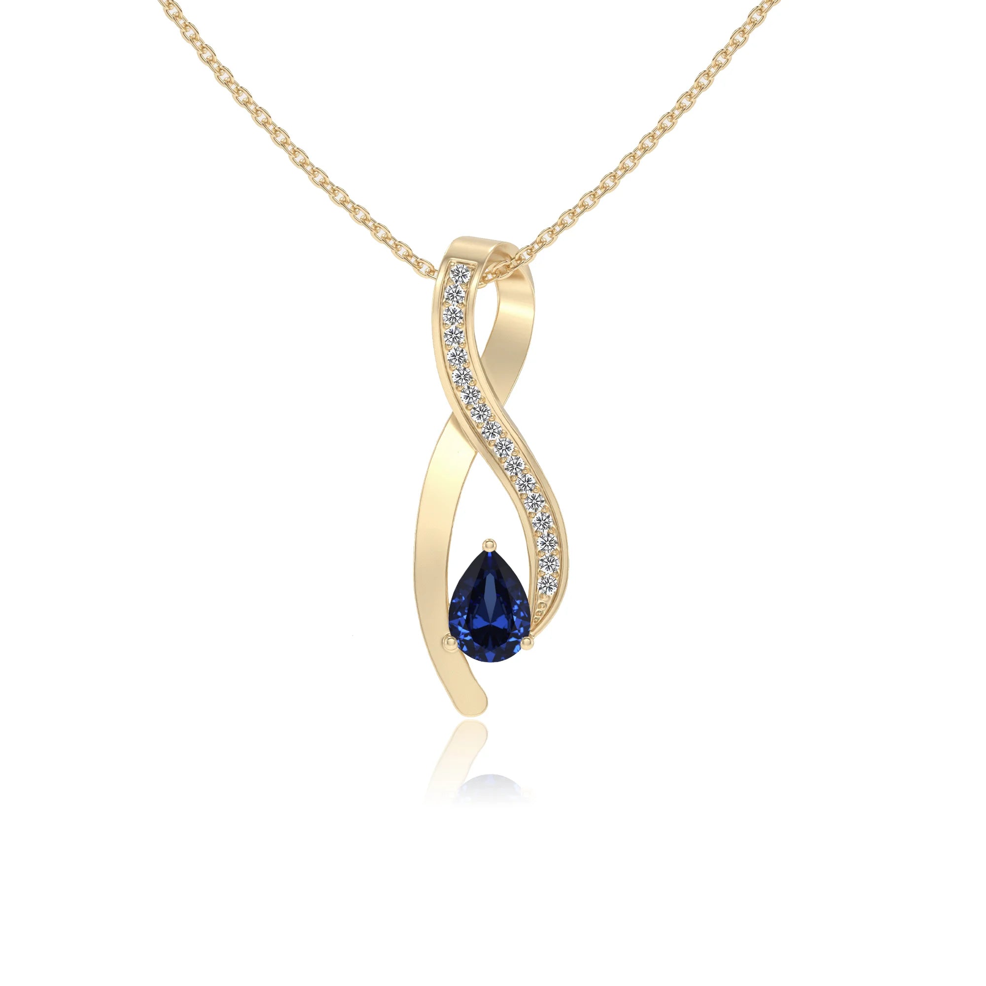 lab grown blue-sapphire pear solitaire necklaces in yellow gold 