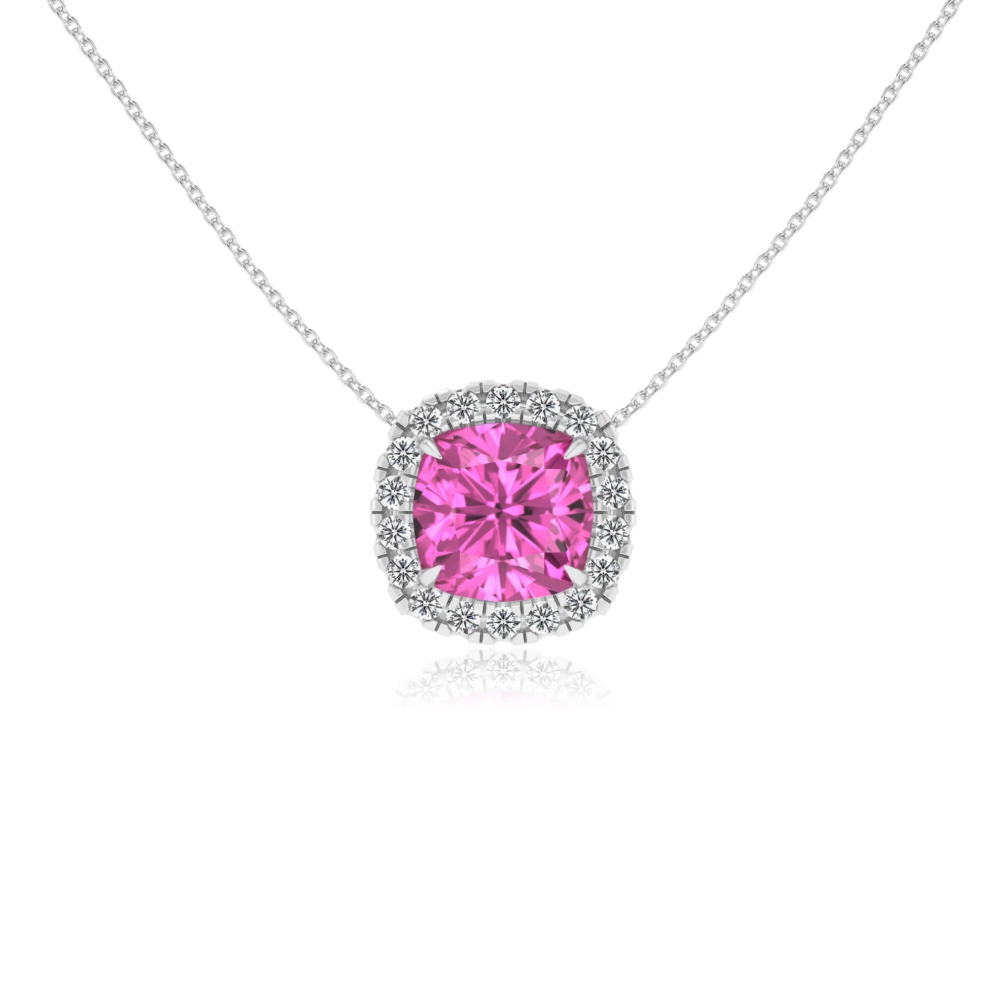lab grown pink sapphire cushion solitaire necklaces in white gold 