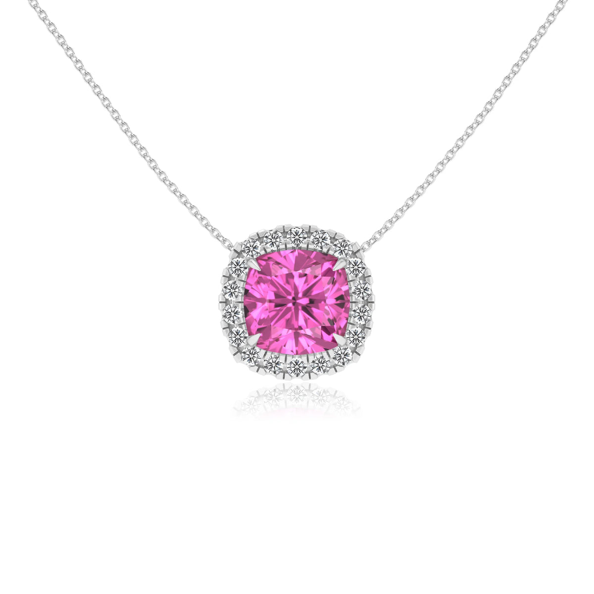 lab grown pink sapphire cushion solitaire necklaces in white gold 