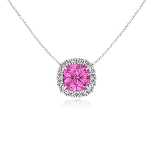 lab grown pink sapphire cushion solitaire necklaces in white gold 