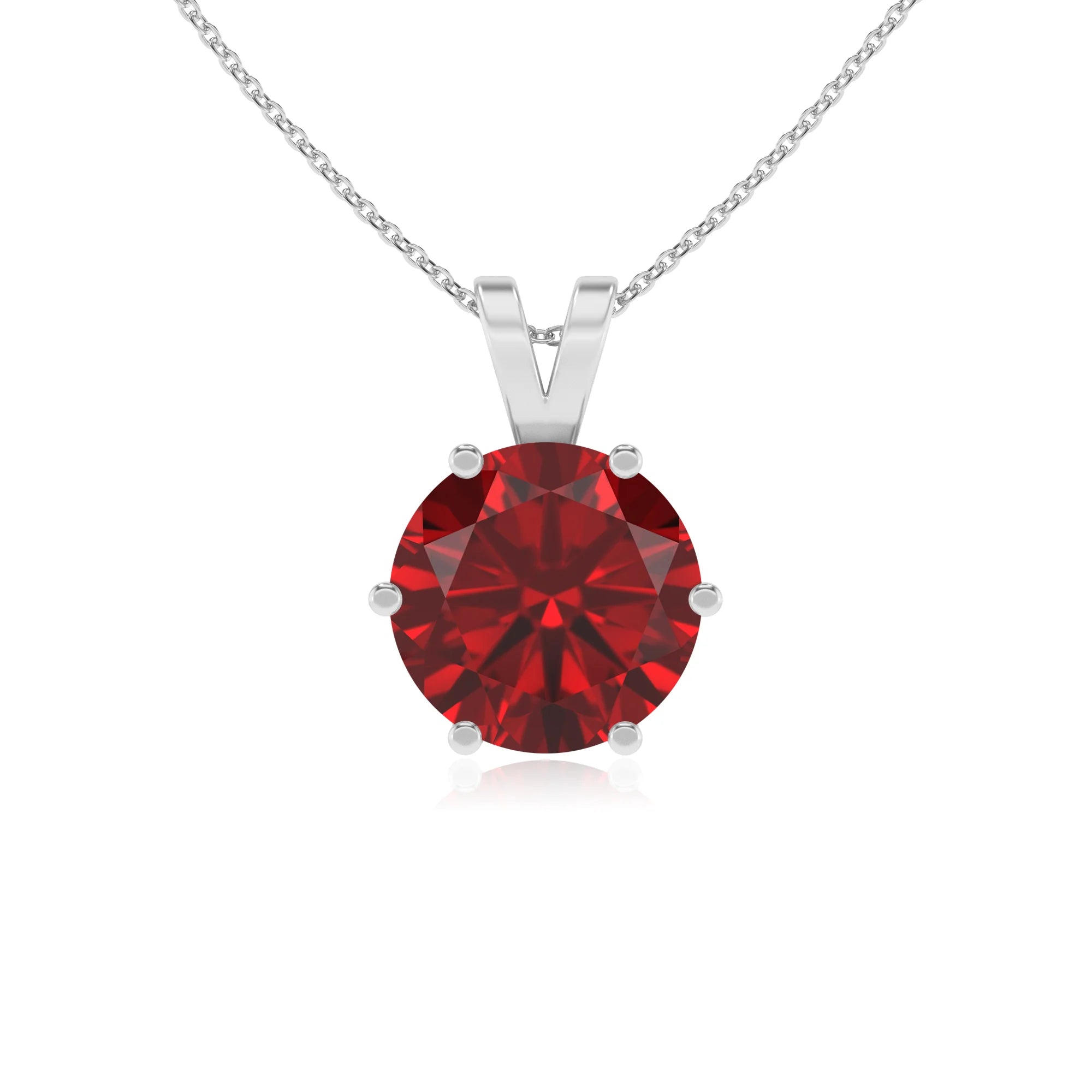 lab grown ruby round solitaire v-bale necklaces in white gold 
