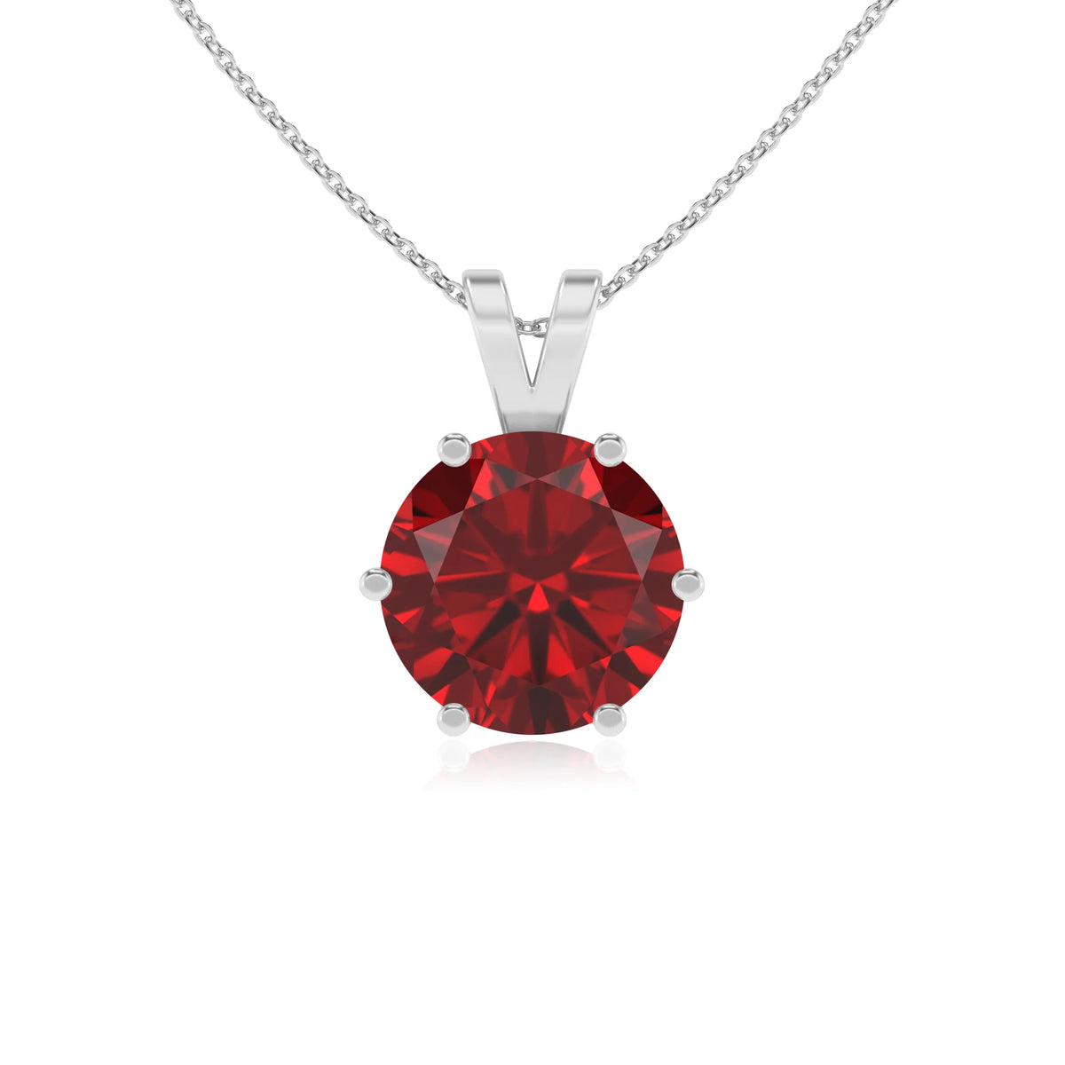 lab grown ruby round solitaire v-bale necklaces in white gold 