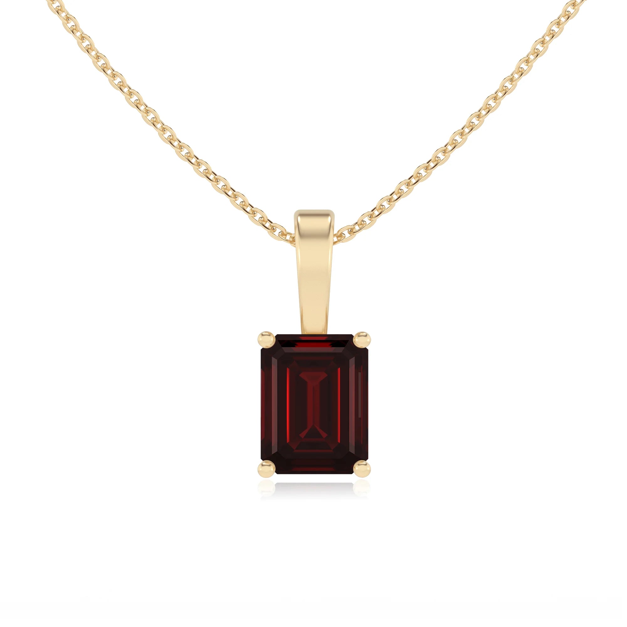 natural garnet emerald cut solitaire necklaces in yellow gold 