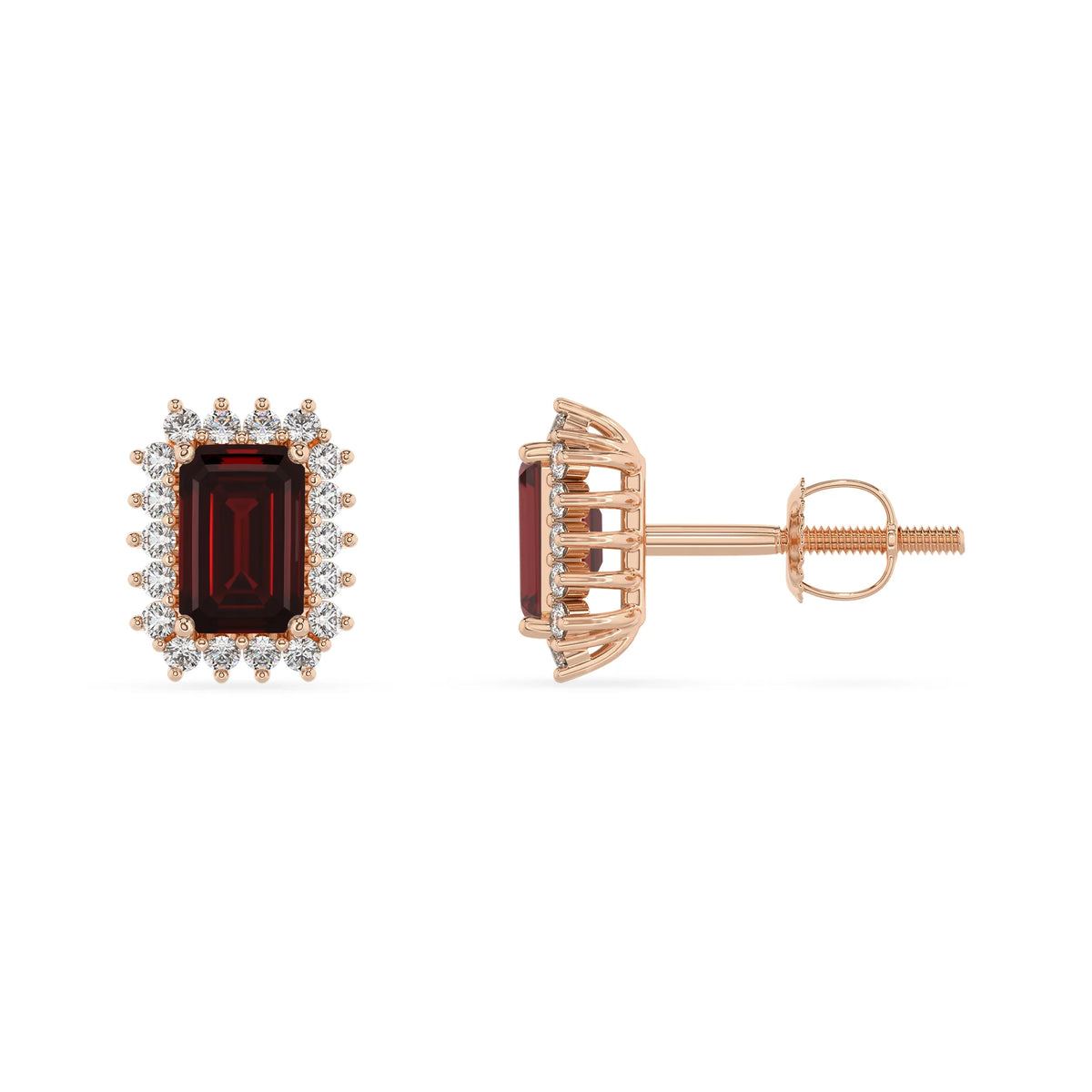 natural garnet emerald cut stud earrings in rose gold 