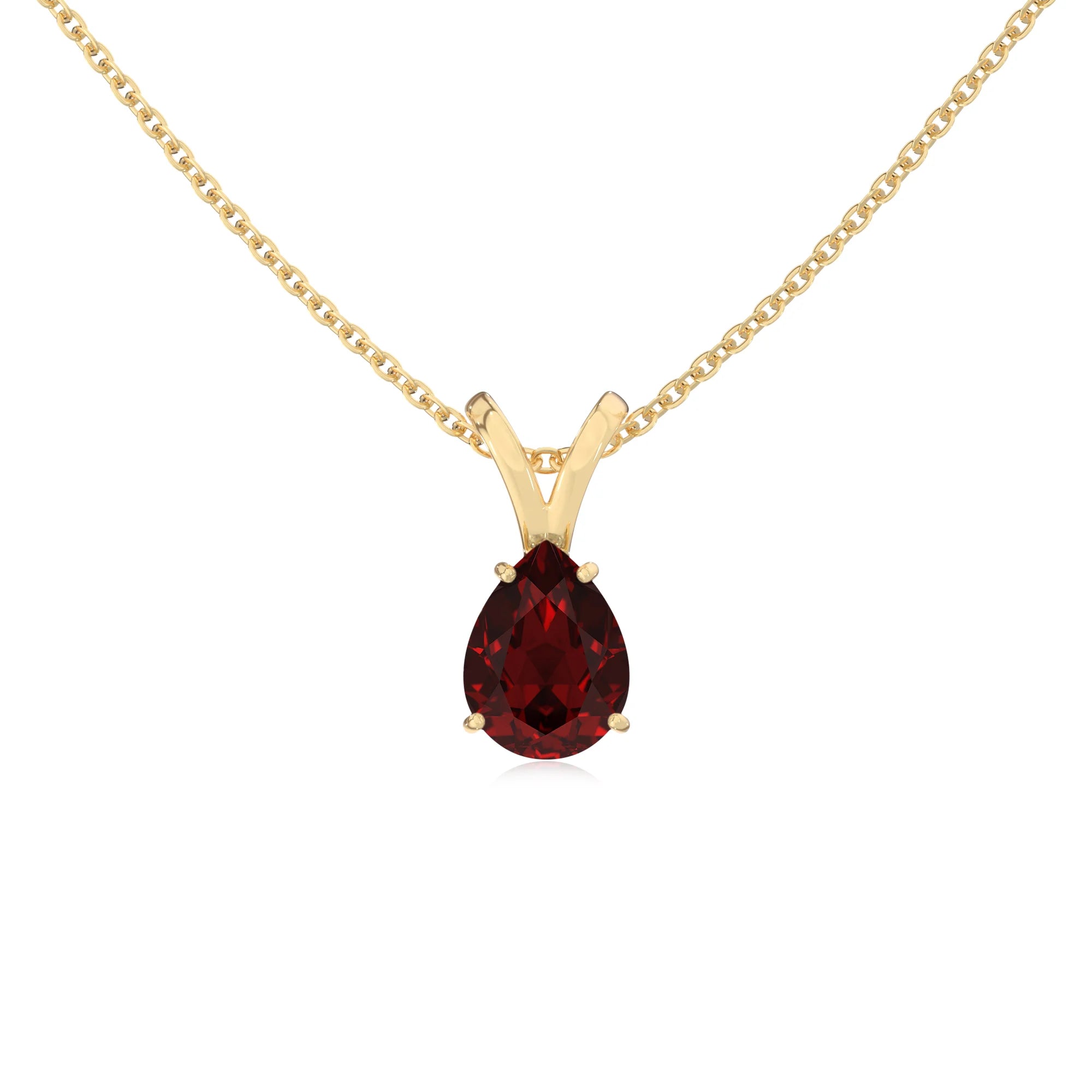 natural garnet pear solitaire v-bale necklaces in yellow gold 
