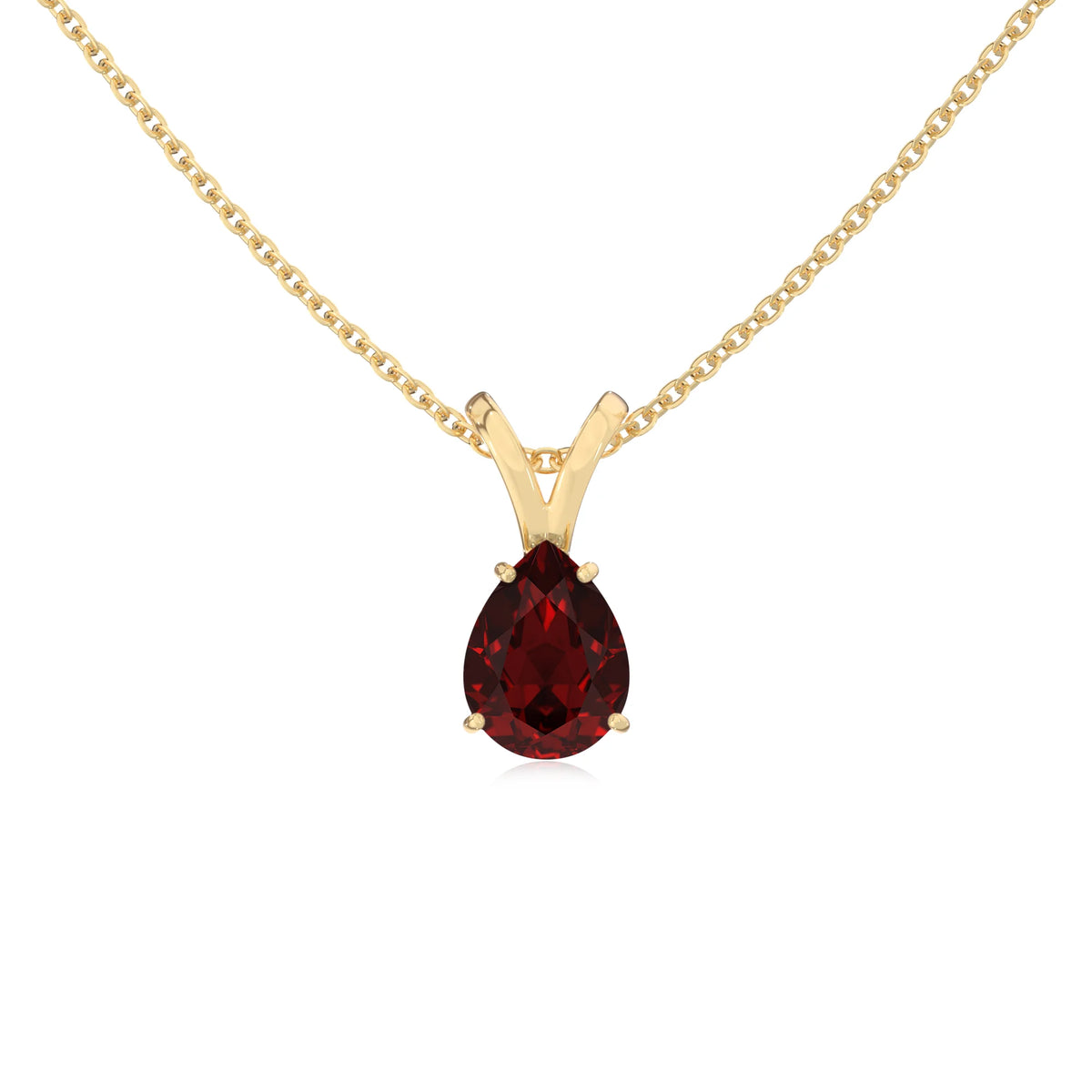natural garnet pear solitaire v-bale necklaces in yellow gold 