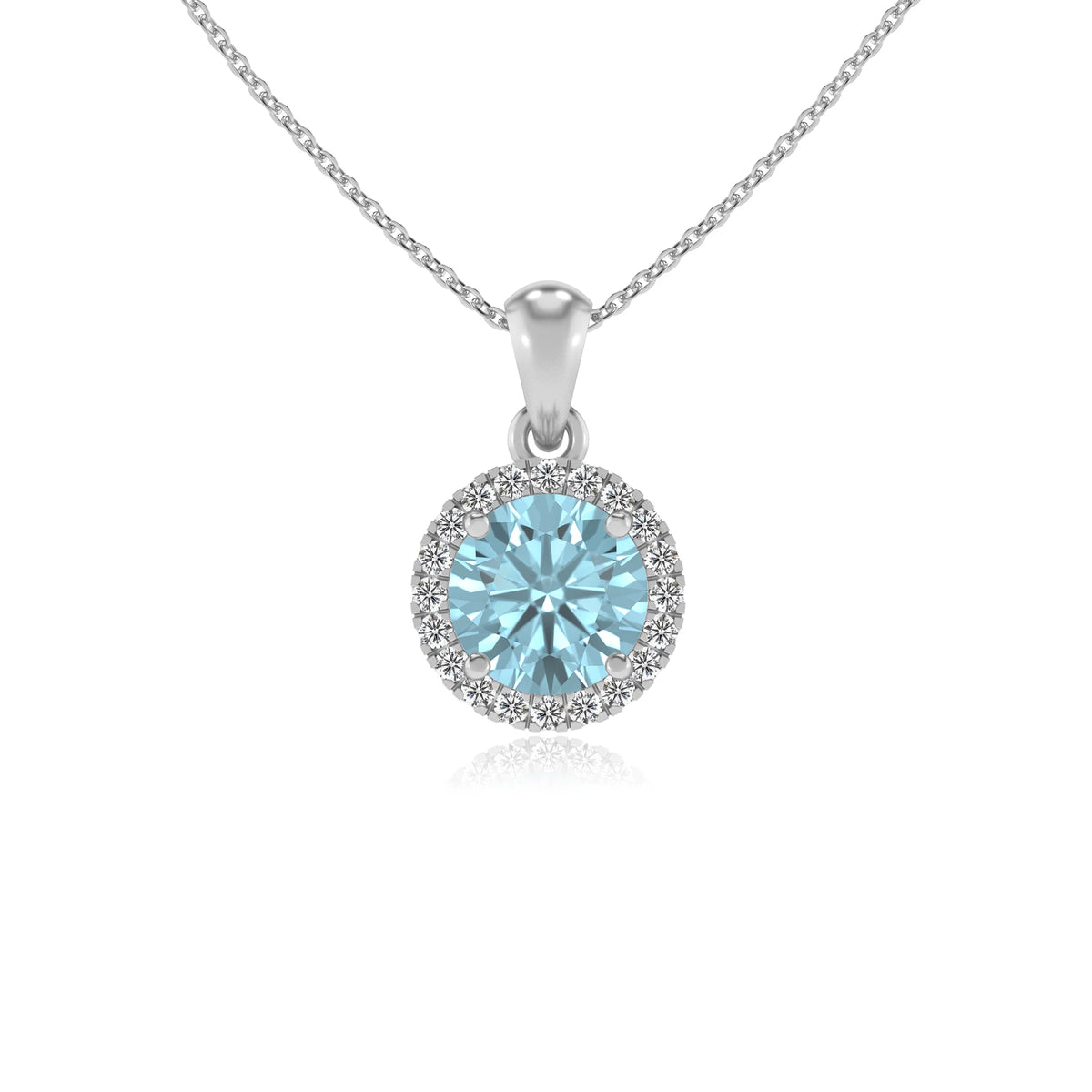 lab grown aquamarine round solitaire necklaces in white gold 