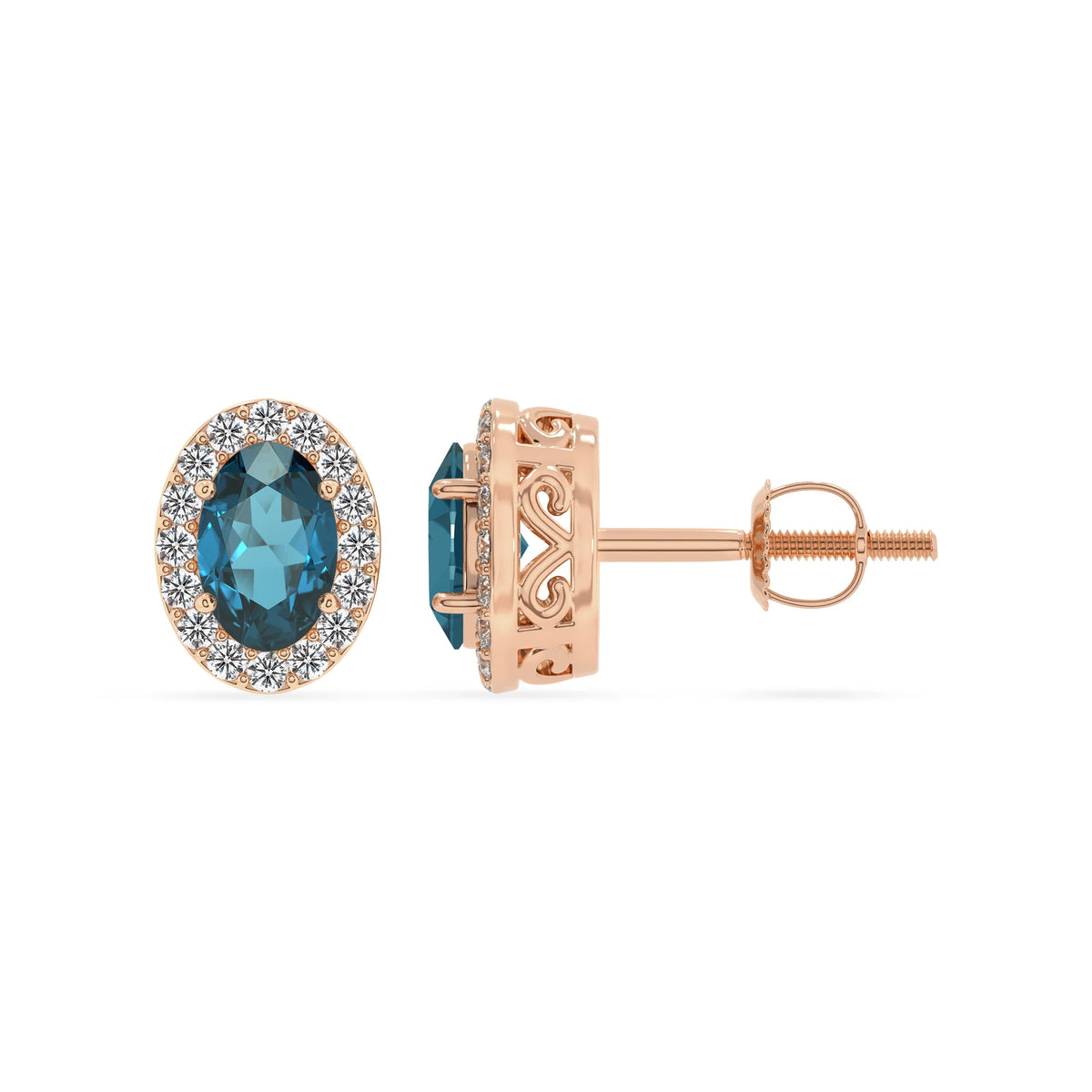 natural london blue topaz oval stud earrings in rose gold 