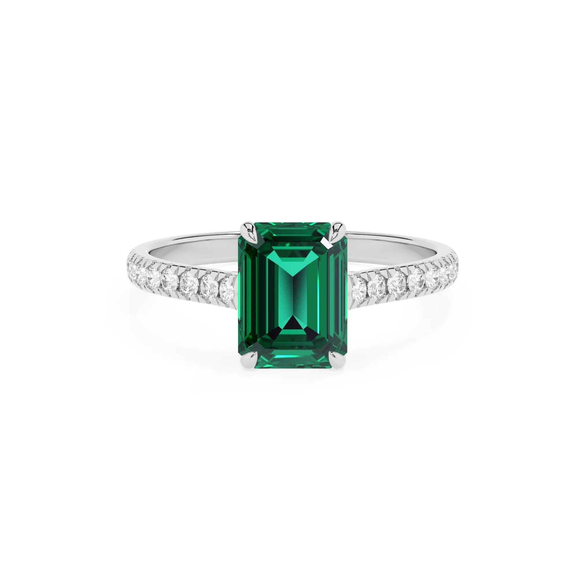 lab grown emerald octogon cut half eternity solitaire engagement rings in white gold 