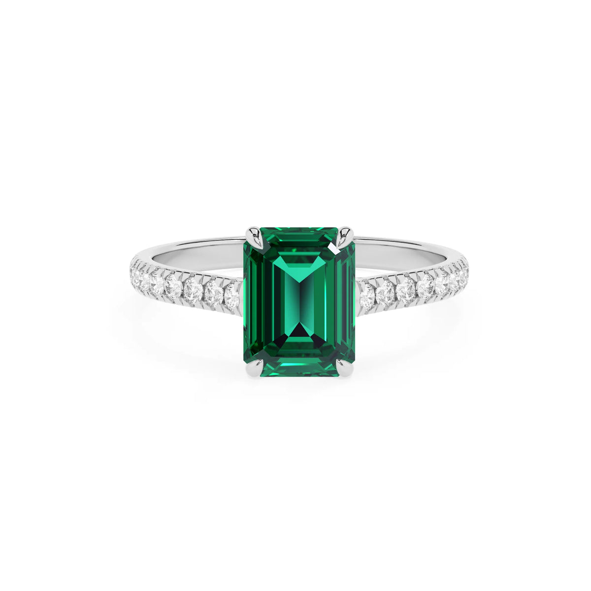 lab grown emerald octogon cut half eternity solitaire engagement rings in white gold 