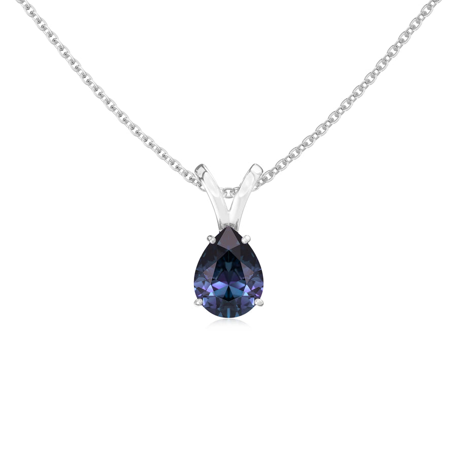 lab grown alexandrite pear solitaire v-bale necklaces in platinum 
