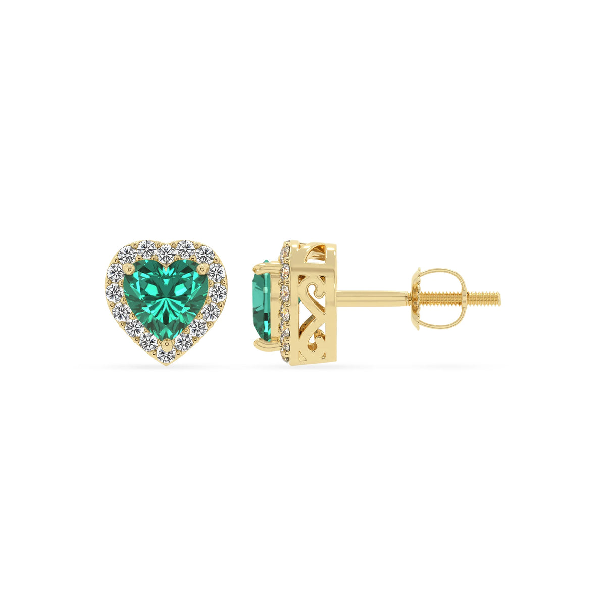 lab grown emerald heart stud earrings in yellow gold 