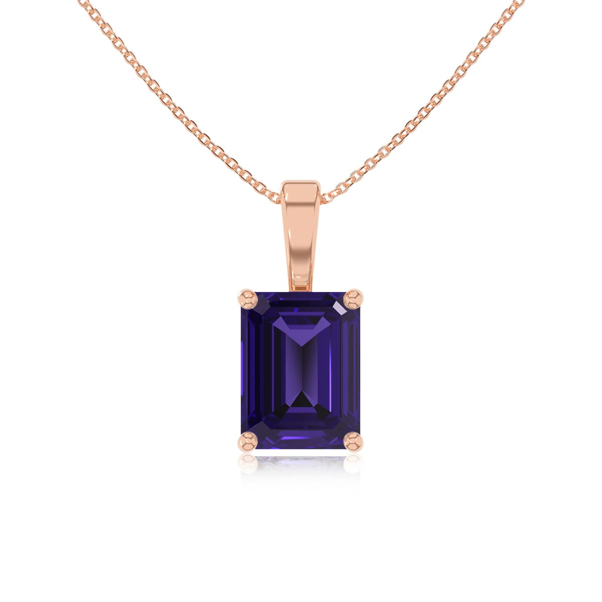 lab grown tanzanite emerald cut solitaire necklaces in rose gold 