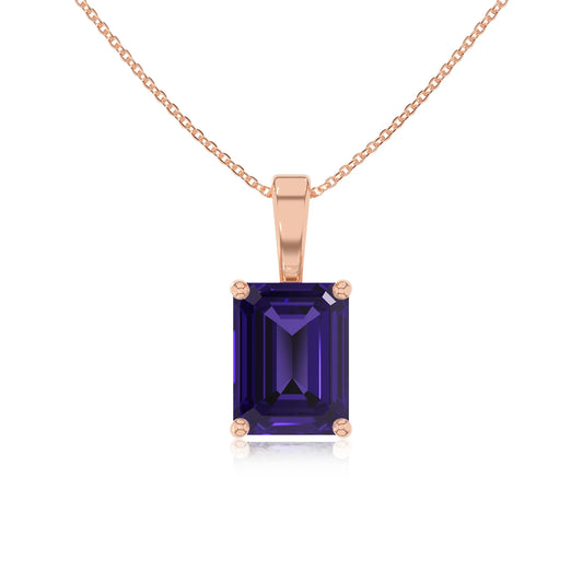 lab grown tanzanite emerald cut solitaire necklaces in rose gold 