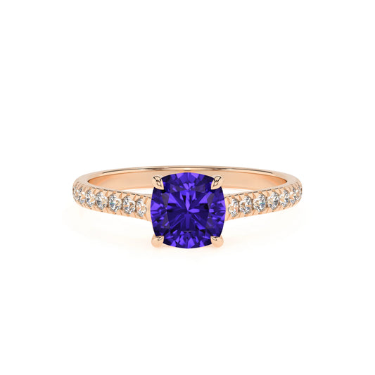 lab grown tanzanite cushion half eternity solitaire engagement rings in rose gold 