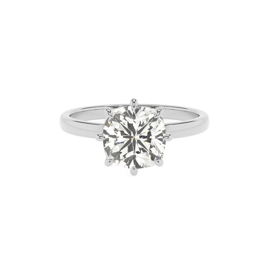 lab grown moissanite cushion solitaire rings in white gold 