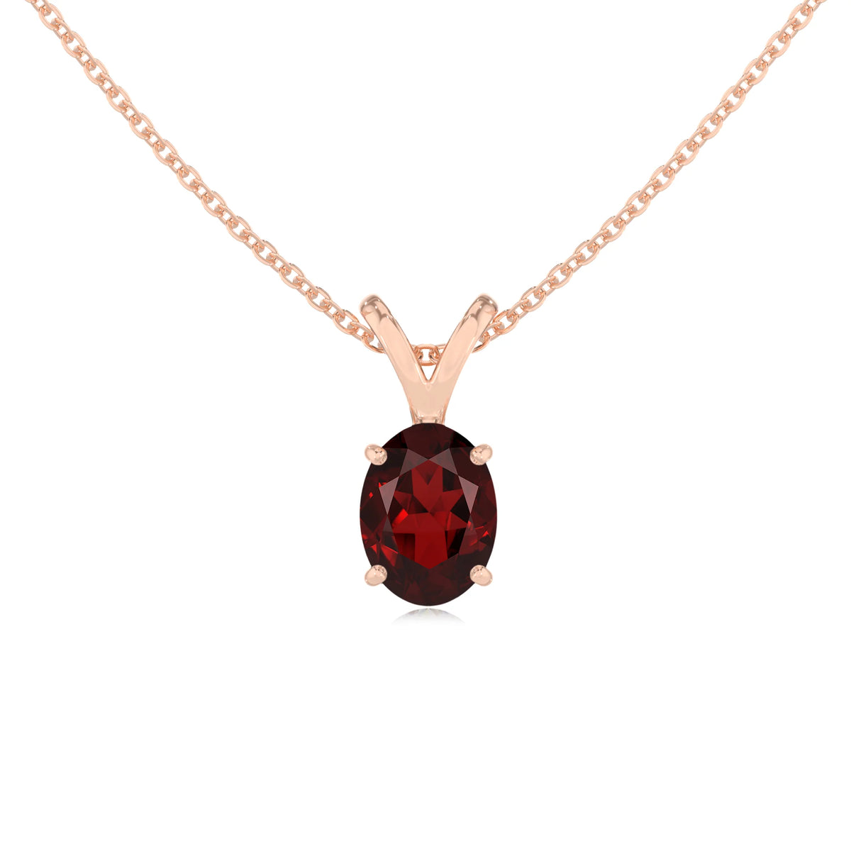 natural garnet oval solitaire v-bale necklaces in rose gold 